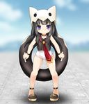  1girl black_hair blush character_request child choker collarbone emil_chronicle_online eyebrows eyebrows_visible_through_hair full_body hat holding huyusilver innertube long_hair looking_at_viewer purple_eyes shoes standing tie 