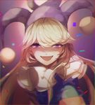  :d bangs blonde_hair chromatic_aberration chromatic_aberration_abuse clownpiece commentary confetti frilled_shirt_collar frills hat jester_cap long_hair looking_at_viewer no-kan open_mouth pink_eyes polka_dot shaded_face sidelocks smile solo swept_bangs touhou upper_body very_long_hair 