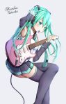  1girl arm_up ass black_legwear black_skirt black_sleeves breasts closed_mouth collared_shirt commentary_request detached_sleeves fingernails green_eyes green_hair green_neckwear grey_background guitar hair_ornament hamayuu_(litore) hand_in_hair hatsune_miku highres holding holding_instrument instrument legs_crossed long_hair long_sleeves looking_away mouth_hold necktie pleated_skirt plectrum shirt simple_background sitting skirt sleeveless sleeveless_shirt small_breasts solo thighhighs tie_clip twintails twitter_username very_long_hair vocaloid white_shirt 
