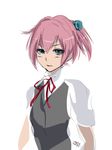  2016 4suke bangs black_vest blue_eyes dated hair_between_eyes hair_ornament kantai_collection neck_ribbon open_mouth pink_hair red_neckwear red_ribbon ribbon shiranui_(kantai_collection) short_hair short_ponytail short_sleeves signature simple_background solo upper_body vest white_background 