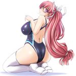  ass black_swimsuit blush breasts competition_swimsuit from_behind glasses head_tilt kneeling large_breasts log-mi_(tonpuu) long_hair one-piece_swimsuit original pink_hair ponytail purple_eyes solo swimsuit thighhighs tonpuu white_legwear 