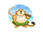  2016 anthro beach benjamin_clawhauser black_eyes cheetah clothed clothing disney english_text feline jewelry male mammal melee_weapon necklace nik159 open_mouth paws seaside signature solo teeth text tongue topless water weapon zootopia 