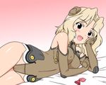  1girl bed blonde_hair blue_eyes blush breasts erect_nipples girls_und_panzer groin kay_(girls_und_panzer) large_breasts open_mouth shiraki_(the_perfect_world) solo 
