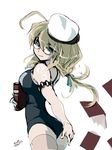  2016 4suke ahoge aqua_eyes aqua_ribbon armband blonde_hair book dated from_behind glasses hair_ribbon hat holding holding_book i-8_(kantai_collection) kantai_collection long_hair looking_back low_twintails name_tag open_book pink_legwear red-framed_eyewear ribbon sailor_hat signature simple_background smile solo swimsuit thighhighs twintails white_background white_hat zettai_ryouiki 