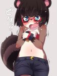  artist_request black_hair blue_eyes covering_breasts furry galsses open_mouth raccoon scared shirtless 