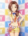  alternate_costume artist_request belt brown_eyes brown_hair cinderella_dream hair_over_shoulder heart_belt idolmaster idolmaster_cinderella_girls kawashima_mizuki long_hair looking_at_viewer midriff official_art one_eye_closed ponytail shorts smile solo wristband yellow_shorts 