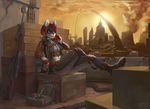  anthro boots breasts canine clothed clothing female footwear fur hair mammal navel open_mouth outside sitting solo tsukinori 