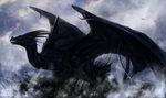  ambiguous_gender black_scales claws day detailed_background digital_media_(artwork) dragon feral horn isvoc membranous_wings open_mouth outside scales sky solo spines teeth wings 