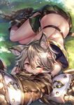  animal_ears ankle_boots belt blush boots brown_eyes brown_footwear claw_(weapon) erune eyebrows eyebrows_visible_through_hair granblue_fantasy grass green_skirt hair_between_eyes hip_vent ks lying on_ground one_eye_closed pleated_skirt sen_(granblue_fantasy) shade skirt solo weapon 