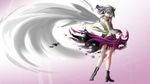  angel_wings boots chiki_yuuko dress feathered_wings gradient gradient_background grey_wings hand_on_own_face highres jacket kishin_sagume long_sleeves looking_at_viewer purple_dress purple_eyes purple_skirt silver_hair simple_background single_wing skirt skirt_lift solo touhou white_jacket wings 