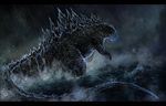  black_bars claws digital_media_(artwork) godzilla godzilla_(series) isvoc long_tail male nude open_mouth outside overcast raining sky solo spines standing water 