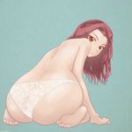  akagi_(fmttps) alternate_hair_length alternate_hairstyle arm_support ass bad_id bad_pixiv_id blue_background from_behind girls_und_panzer lace lace_panties long_hair orange_eyes panties partially_undressed pink_hair rosehip sitting solo underwear wariza 