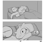  2016 anon anthro awake bed bed_sheet bedding blanket blush claws comic cuddling dialogue drooling duo english_text eyelashes eyes_closed female happy horn hotel human inside lying male mammal monochrome nidoqueen night nintendo pillow pok&eacute;mon saliva scalie shocked shoutingisfun sleeping slightly_chubby text video_games wide_eyed 