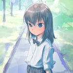  akagi_(fmttps) artist_name bad_id bad_pixiv_id blue_eyes blurry bokeh bow depth_of_field girls_und_panzer itsumi_erika looking_at_viewer park path plaid plaid_bow plaid_skirt road school_uniform silver_hair skirt sleeves_rolled_up solo tree younger 