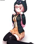  animal_hood backpack bad_id bad_pixiv_id bag bangs black_legwear blunt_bangs blush brown_shirt brown_skirt closed_mouth danganronpa danganronpa_3 dress_shirt dyolf hair_ornament handheld_game_console hood hoodie long_sleeves looking_at_viewer nanami_chiaki neck_ribbon nose_blush open_clothes open_hoodie pink_eyes pink_hair pink_ribbon playstation_vita pleated_skirt ribbon school_uniform shirt short_hair sitting skirt skirt_set solo super_danganronpa_2 thighhighs zettai_ryouiki 