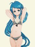  2016 4suke armpits arms_behind_head arms_up bangs bikini blue_eyes blue_hair closed_mouth dated flat_chest groin kantai_collection long_hair looking_at_viewer navel sailor_bikini sailor_collar samidare_(kantai_collection) signature simple_background smile solo striped striped_bikini swimsuit thigh_gap very_long_hair yellow_background 
