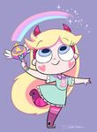 :&gt; blonde_hair blue_background blue_eyes blush_stickers boots chibi dress eyebrows eyebrows_visible_through_hair eyelashes full_body hairband heart_tattoo leg_up long_hair looking_up rainbow sakiko_(gekiama) signature simple_background smile solo sparkle star_butterfly star_vs_the_forces_of_evil striped striped_legwear tattoo very_long_hair wand 
