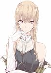  bare_shoulders blonde_hair breasts earrings elbow_gloves gloves highres jewelry large_breasts long_hair original pointy_ears purple_eyes simple_background solo touma_kisa white white_background 