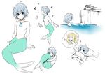  1girl bad_id bad_pixiv_id blonde_hair blue_hair blush cliff erubo heart holding holding_pillow jewelry male_focus merman monster_boy music navel necklace on_bed original pillow pillow_hug pointy_ears shell shirtless singing sitting smile sparkle thinking thought_bubble 