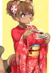  2016 5_fingers anthro bangs black_nose brown_fur chopsticks clothing eating female flower flower_in_hair food fur hair hair_bun japanese_clothing kemono kimono ksyaro mammal plant purple_eyes ringed_tail simple_background solo standing tanuki 