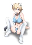  animal_ears blonde_hair blue_bra blue_eyes blue_panties blush bra brave_witches breasts covered_nipples large_breasts navel nikka_edvardine_katajainen panties smile solo sports_bra steed_(steed_enterprise) tail thighhighs underwear weasel_ears world_witches_series 