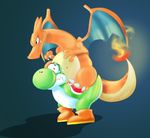  2016 3_fingers 3_toes big_tail black_eyes blue_background boots charizard claws clothing digital_media_(artwork) dragon duo feral fire footwear green_scales green_tail horn long_neck long_tail male mario_bros membranous_wings multicolored_scales nintendo orange_horn orange_scales orange_tail pok&eacute;mon riding saddle scales scalie shadow simple_background sodapop2d standing tan_scales tan_tail tears toe_claws toes toony two_tone_scales two_tone_tail video_games white_scales white_tail wide_eyed wings yoshi 