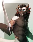  2016 4_ears 5_fingers abs anthro athletic black_fur black_tail blue_eyes border brown_hair brown_horn charr chest_tuft claws fangs feline female flat_chested fur grey_background guild_wars hair half-length_portrait hi_res holding_object holding_weapon horn long_hair long_tail mammal melee_weapon multi_ear multicolored_fur nude outside_border portrait sabertooth_(feature) simple_background solo sword tuft twistedhound two_tone_fur two_tone_tail video_games watermark weapon white_border white_fur white_tail 
