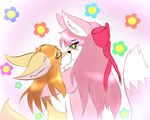  2016 anthro big_breasts blush breasts canine eyebrows eyelashes female female/female fox fur green_eyes hair hi_res kemono mammal milkteafox multicolored_fur ruby_fox simple_background white_fur 