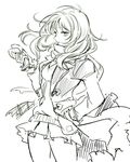 coat coppelion cowboy_shot curly_hair gloves greyscale hand_on_hip long_hair miniskirt monochrome ozu_kanon penki pleated_skirt scarf sketch skirt smile solo standing sweater_vest wind 