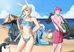  3girls absurdres adventure_time animal animal_ears barefoot beach beach_umbrella bikini bird black_hair blonde_hair blue_bikini blue_eyes blue_skin blue_swimsuit breasts bunny_ears cake_(adventure_time) cat cleavage crown day detached_hood drinking drinking_straw eating fake_animal_ears fangcovenly fionna_the_human_girl flame_prince flip-flops food genderswap genderswap_(ftm) genderswap_(mtf) glass grey_skin hand_on_hip hat highres hood hoodie ice_queen large_breasts long_hair lord_monochromicorn male_swimwear marshall_lee midriff multiple_boys multiple_girls navel ocean one-piece_swimsuit penguin pink_eyes pink_hair popsicle prince_bubba_gumball sandals seiza side-tie_bikini sideboob sitting small_breasts standing sun_hat swim_trunks swimsuit swimwear umbrella unicorn white_hair 