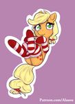  alasou applejack_(mlp) blonde_hair clothing cutie_mark equine eyelashes female feral friendship_is_magic green_eyes hair hooves legwear mammal my_little_pony purple_background simple_background smile socks solo 