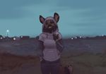  2016 5_fingers african_wild_dog anthro black_nose blonde_hair blurred_background canine clothed clothing day detailed_background drugs edit eyes_closed female fluffy fluffy_tail fuzzled hair koul mammal outside smile smoking solo 