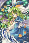  blue_dress blue_eyes bow capelet crescent dress ghost_tail green_hair hat highres holding holding_staff long_hair long_sleeves looking_at_viewer marker_(medium) mima mizame solo staff star touhou touhou_(pc-98) traditional_media very_long_hair wings wizard_hat yellow_bow 