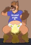 anthro belly big_belly canine clothing coyote diaper diaper_disposal digestion digital_media_(artwork) disposal drooling erection feces fur hair hyper hyper_feces implied_digestion implied_disposal invalid_tag male mammal open_mouth overweight penis saliva scat simple_background slightly_chubby soiling solo tagme taunting threeeyedranger vore xepher777 