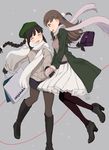  alternate_costume ankle_boots bag bangs black_gloves black_hair blunt_bangs blush boots bow braid brown_eyes brown_hair character_name closed_eyes coat gloves hair_bow handbag hat holding_hands kantai_collection kitakami_(kantai_collection) knee_boots long_hair mittens multiple_girls ooi_(kantai_collection) pantyhose scarf shopping_bag simple_background single_braid skirt smile sweater ume_(plumblossom) yuri 