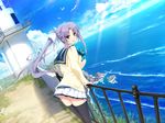  animal bird black_legwear brown_hair cardigan cloud day floating_hair game_cg iizuki_tasuku lavender_hair light_rays lighthouse long_hair long_sleeves looking_at_viewer lovely_x_cation_2 narukawa_hime non-web_source ocean official_art open_mouth outdoors pleated_skirt railing skirt sky thighhighs twintails water 