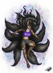  2016 4_toes 5_fingers anthro barefoot black_hair black_nose breasts canine clothed clothing digitigrade female fingers fluffy fluffy_tail fox hair long_hair mammal midriff multi_tail natoli purple_eyes solo toes traditional_media_(artwork) 