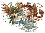  bad_id bad_pixiv_id black_hair blue_eyes blue_hair bubble claws decidueye fangs fire gen_7_pokemon incineroar kuuneru leaf multicolored_hair no_humans pokemon pokemon_(creature) primarina red_hair tail two-tone_hair water yellow_eyes 