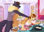  2016 all_fours anthro apron auburn_hair blue_eyes blush breasts brown_hair canine clothing cooking detailed_background doggystyle duo female food fox from_behind_position green_eyes hair jeanwoof looking_back male male/female mammal multicolored_hair open_mouth penetration penis sex two_tone_hair wolf 