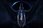  anthro black_feathers blue_fur blue_hair claws clothed clothing digital_media_(artwork) feathered_wings feathers female fur green_eyes hair isvoc mammal night outside planet standing topless white_fur wings 