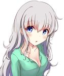  1girl asaka blue_eyes breasts charlotte_(anime) cleavage long_hair looking_at_viewer open_clothes open_mouth silver_hair solo tomori_nao 
