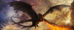  ambiguous_gender claws cloud day detailed_background digital_media_(artwork) dragon feral fire fire_breathing flying grey_skin invalid_color isvoc membranous_wings nude open_mouth outside scales sky solo sun wings 
