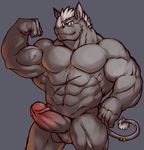  2016 5_fingers abs anthro balls biceps big_muscles blue_eyes erection eyewear flexing furgonomics furry-specific_piercing glasses hair horn humanoid_penis istani looking_at_viewer male mammal muscular muscular_male nude pecs penis piercing presenting rhinoceros scar simple_background smile solo standing tail_piercing tattoo thick_penis uncut white_hair 