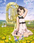  ;d barefoot bass_clef beamed_eighth_notes black_gloves brown_hair cloud day dress eighth_note flower full_body glass_slipper gloves grass hair_flower hair_ornament hibike!_euphonium highres instrument jewelry katou_hazuki looking_at_viewer musical_note necklace official_art one_eye_closed open_mouth outdoors plant quarter_note short_hair sitting smile solo tuba vines 