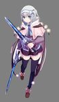  black_legwear capelet dual_wielding eyebrows eyebrows_visible_through_hair grey_background grey_hair hair_ribbon highres holding holding_sword holding_weapon one_side_up original ribbon short_hair simple_background solo sword thighhighs weapon white_ribbon windfeathers zettai_ryouiki 