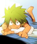  :p barefoot bed_sheet green_hair kameyama_tokusa lying male_focus on_stomach outstretched_hand pillow sheet_grab solo tan tenkai_knights tongue tongue_out v-shaped_eyebrows yellow_eyes 