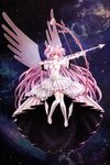  arrow bow_(weapon) breasts cleavage collarbone dress gloves highres holding holding_weapon kaname_madoka long_hair mahou_shoujo_madoka_magica pink_hair plue_(coruru) small_breasts solo thighhighs ultimate_madoka weapon white_dress white_gloves white_legwear wings 