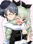  anchovy anzio_school_uniform black_hair blush closed_eyes girls_und_panzer green_hair hair_ornament hat highres hug multiple_girls one_eye_closed open_mouth pepperoni_(girls_und_panzer) red_eyes ribbon ruka_(piyopiyopu) smile yuri 