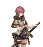  belt brown_eyes dagger granblue_fantasy hood hooded_jacket jacket leotard long_hair looking_at_viewer minaba_hideo official_art red_hair shorts solo sword thigh_strap transparent_background volemia weapon 