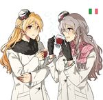  alternate_costume asakawa_(outeq) bad_anatomy black_gloves blonde_hair blush bow braid breasts brown_eyes coat commentary_request cup french_braid gloves grey_hair hair_between_eyes hat italy kantai_collection long_hair long_sleeves looking_at_another medium_breasts mini_hat multiple_girls pola_(kantai_collection) red_bow scarf sideways_mouth simple_background smile steam tilted_headwear upper_body wavy_hair white_background zara_(kantai_collection) 